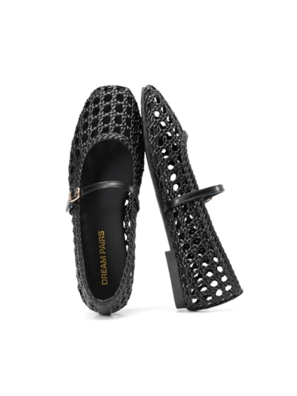 Woven Mesh Mary Jane Ballet Flats Faux Leather Cushioned Insole Adjustable